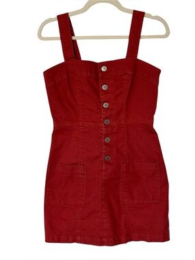 Copper Key Burnt Orange Boho Denim Button Front Pinafore Mini Dress - Size Small